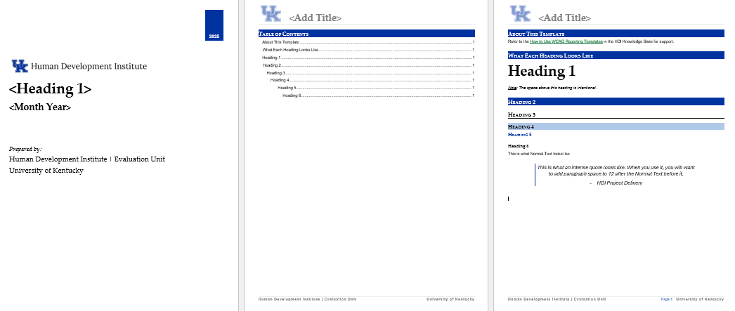 Image showing three pages of a report with a cover: From left to right shows a cover page, table of contents, and a page with all header styles.
