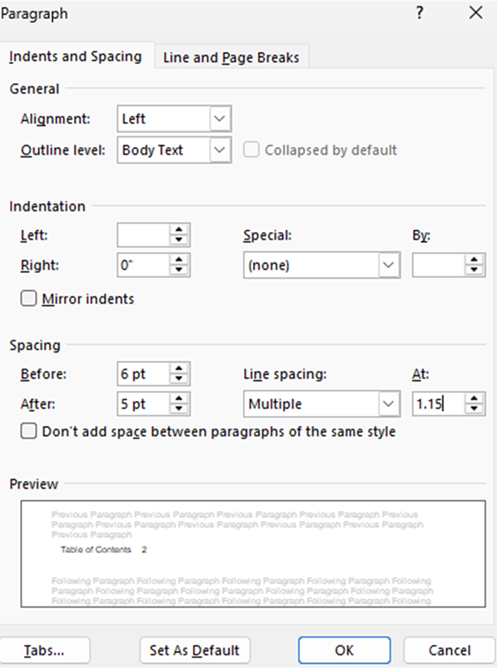 Screenshot shows the paragraph formatting to apply to these rows. Line spacing of “Multiple” at 1.15
