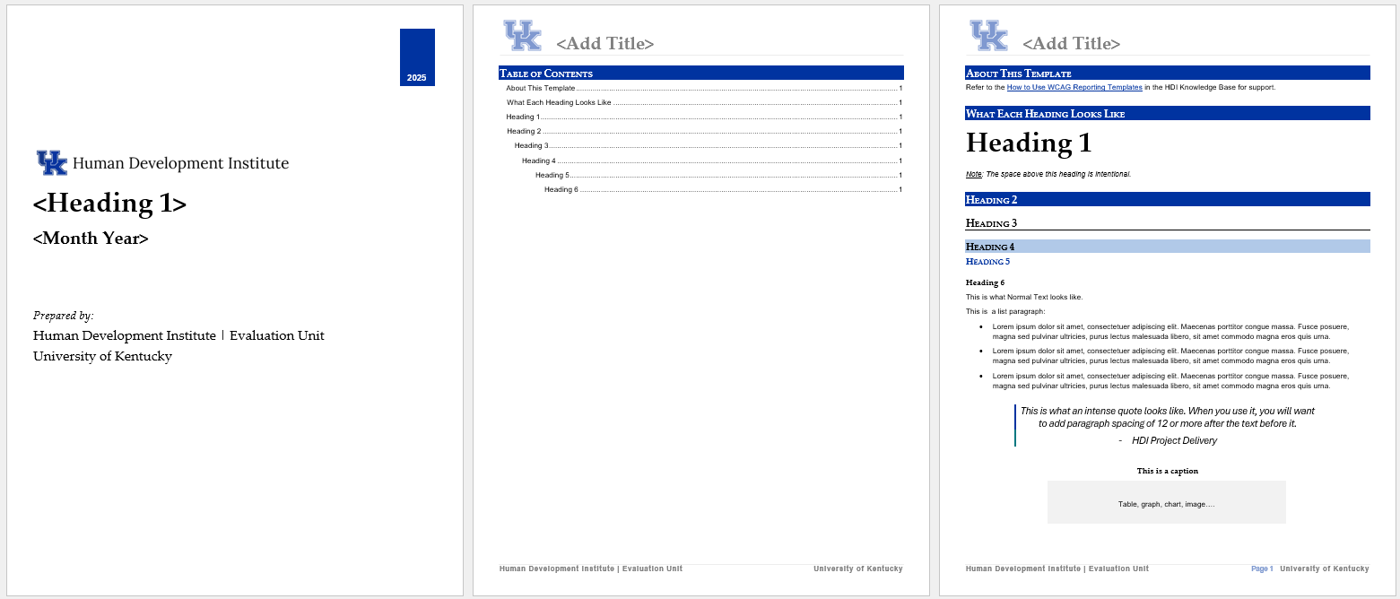 Image showing three pages of a report with a cover: From left to right shows a cover page, table of contents, and a page with all header styles.
